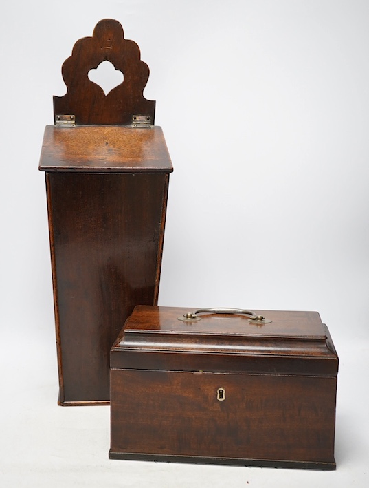 A late 18th century mahogany tea caddy and a similar candle box, 52cm. Condition - fair